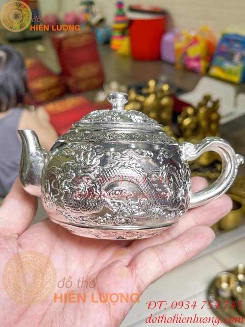 Bộ ấm ly trà rồng phượng bằng đồng mạ bạc