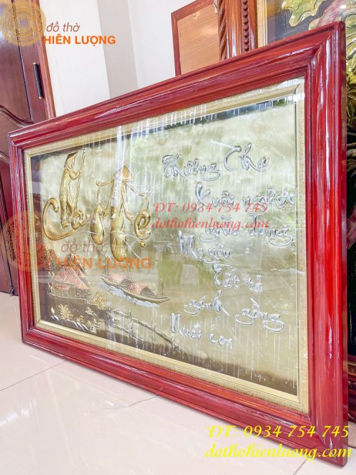 Tranh cha mẹ bằng đồng tam khí 75x115cm khung gỗ thịt