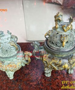 Lư xông trầm rồng màu xanh bằng đồng