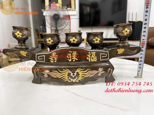 Bộ ngai chén 5 khảm tam khí bằng đồng đỏ