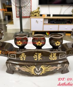 Bộ ngai chén 5 khảm tam khí bằng đồng đỏ