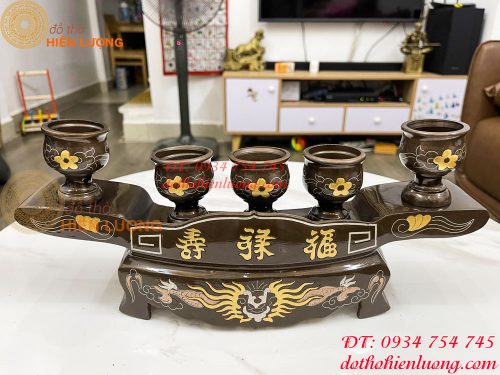 Bộ ngai chén 5 khảm tam khí bằng đồng đỏ
