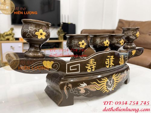 Bộ ngai chén 5 khảm tam khí bằng đồng đỏ