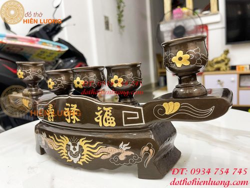 Bộ ngai chén 5 khảm tam khí bằng đồng đỏ