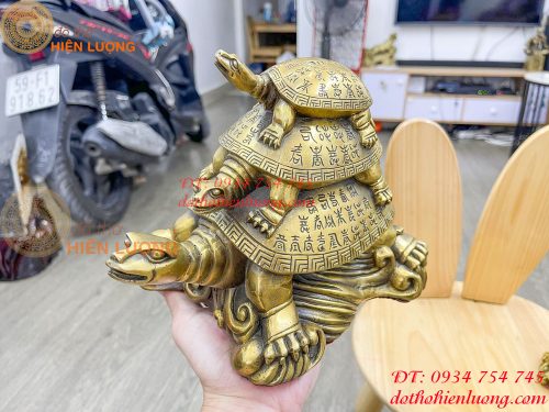 Tượng rùa cõng con bằng đồng phong thủy cao 17cm