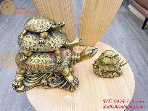 Tượng rùa cõng con bằng đồng phong thủy cao 17cm