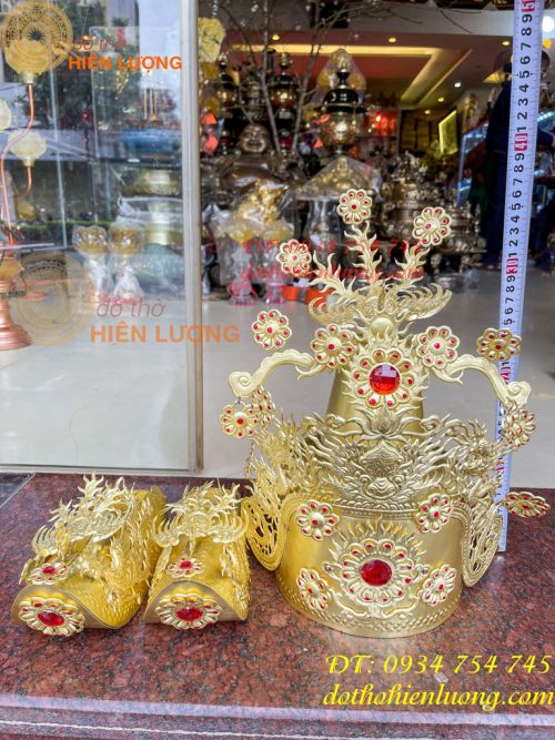 Bộ mũ hia quan bằng đồng cho bà dâng đền, thờ cúng