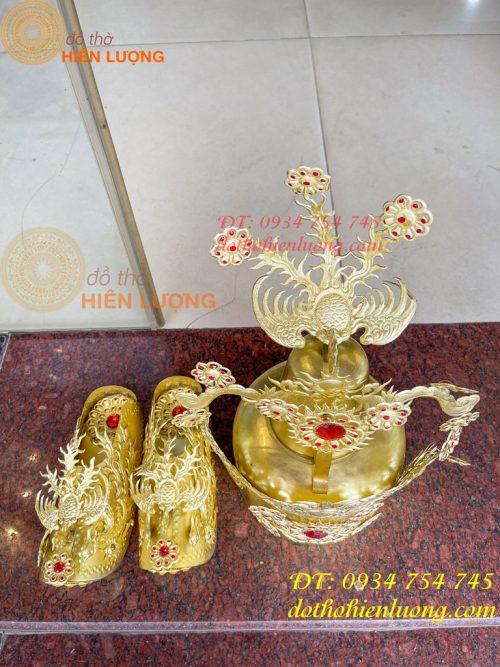 Bộ mũ hia quan bằng đồng cho bà dâng đền, thờ cúng