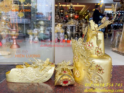 Bộ mũ hia quan bằng đồng cho bà dâng đền, thờ cúng