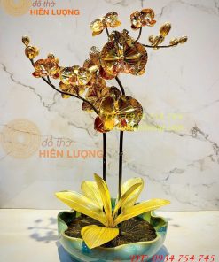 Chậu hoa lan mạ vàng 24K bằng đồng đỏ