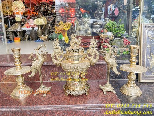 Bộ Đỉnh Vĩnh Tiến Ngũ Sự Số 3 Cao 48cm 5 Món Đỉnh Nến Hạc