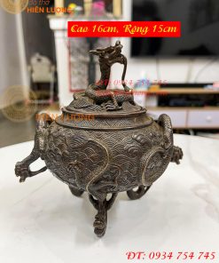 Lư xông trầm chân rồng màu nâu bằng đồng cao 16cm