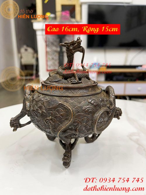 Lư xông trầm chân rồng màu nâu bằng đồng cao 16cm