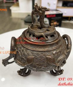 Lư xông trầm chân rồng màu nâu bằng đồng cao 16cm