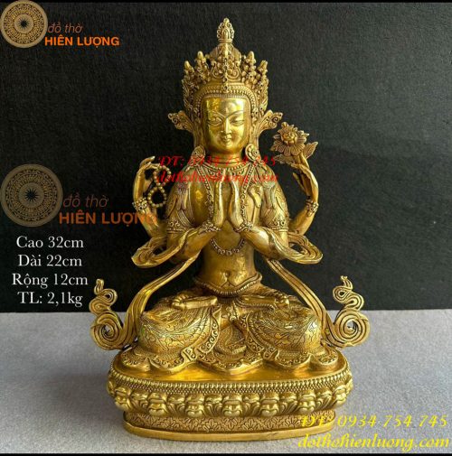 Tượng Phật Quan Âm Tứ Thủ Bằng Đồng Mật Tông Cao 30cm