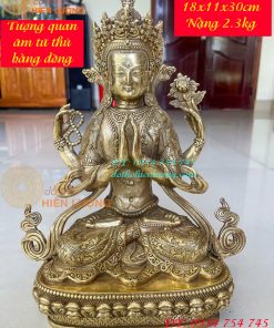 Tượng Phật Quan Âm Tứ Thủ Bằng Đồng Mật Tông Cao 30cm