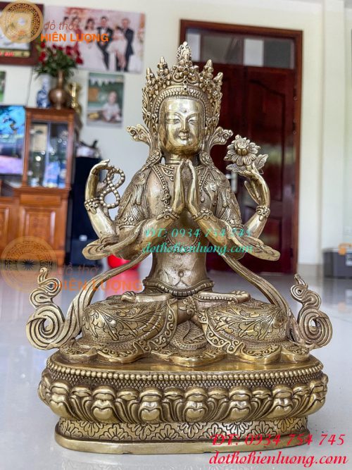 Tượng Phật Quan Âm Tứ Thủ Bằng Đồng Mật Tông Cao 30cm