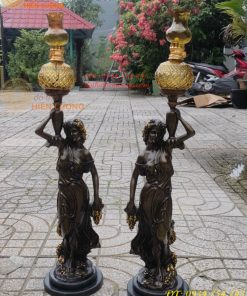 Cặp Chân Đèn Cô Gái Châu Âu Bằng Đồng Cao 76cm