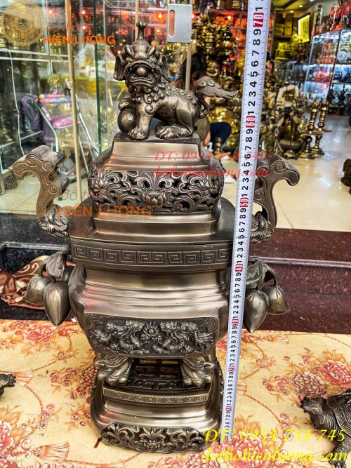 Bộ Ngũ Sự Đỉnh Vuông Cao 70cm Bằng Đồng Hun Giả Cổ