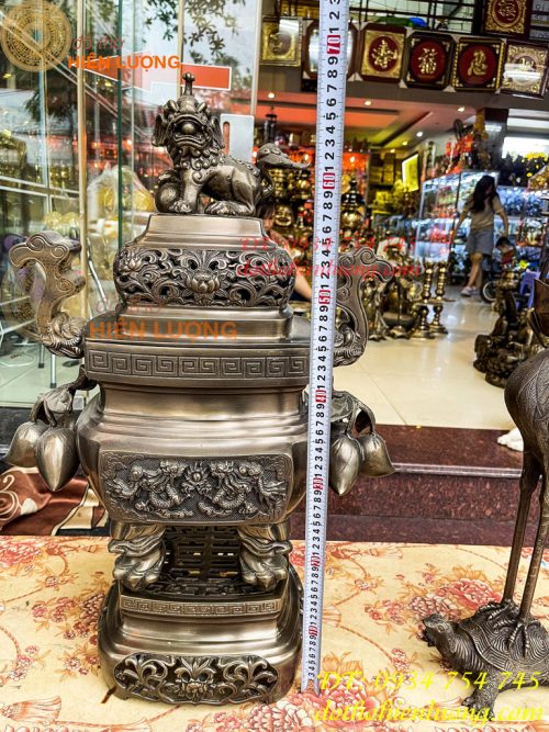 Bộ Ngũ Sự Đỉnh Vuông Cao 70cm Bằng Đồng Hun Giả Cổ