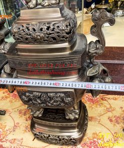 Bộ Ngũ Sự Đỉnh Vuông Cao 70cm Bằng Đồng Hun Giả Cổ