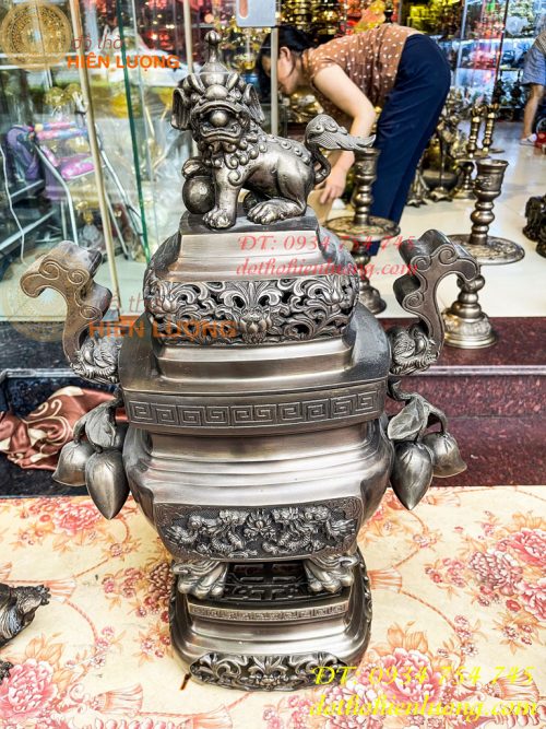 Bộ Ngũ Sự Đỉnh Vuông Cao 70cm Bằng Đồng Hun Giả Cổ