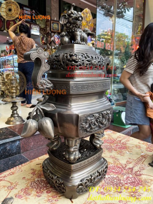 Bộ Ngũ Sự Đỉnh Vuông Cao 70cm Bằng Đồng Hun Giả Cổ