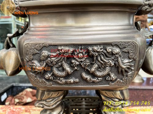 Bộ Ngũ Sự Đỉnh Vuông Cao 70cm Bằng Đồng Hun Giả Cổ