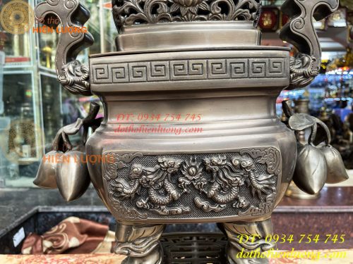 Bộ Ngũ Sự Đỉnh Vuông Cao 70cm Bằng Đồng Hun Giả Cổ