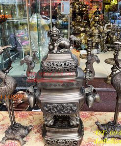 Bộ Ngũ Sự Đỉnh Vuông Cao 70cm Bằng Đồng Hun Giả Cổ