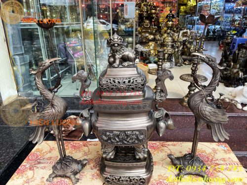 Bộ Ngũ Sự Đỉnh Vuông Cao 70cm Bằng Đồng Hun Giả Cổ
