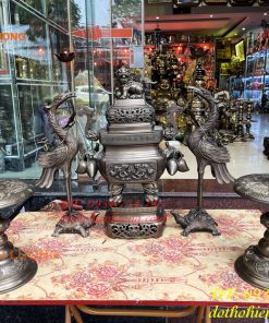 Bộ Ngũ Sự Đỉnh Vuông Cao 70cm Bằng Đồng Hun Giả Cổ