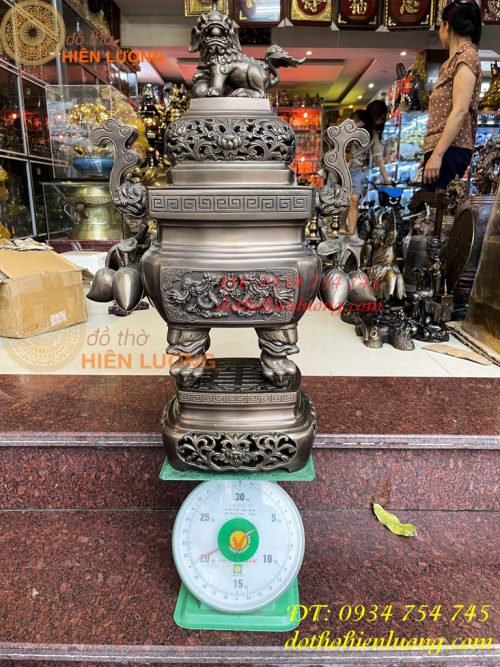 Bộ Ngũ Sự Đỉnh Vuông Cao 70cm Bằng Đồng Hun Giả Cổ