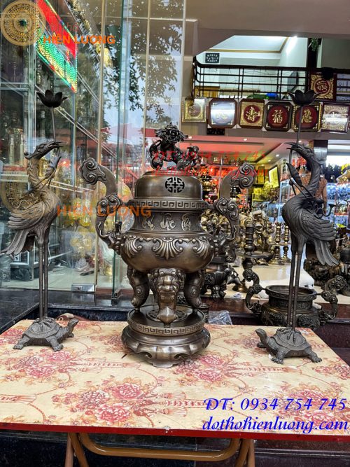 Bộ Ngũ Sự Đỉnh Hoa Sòi Cao 75cm Bằng Đồng Hun