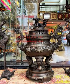 Bộ Ngũ Sự Đỉnh Sòi Cao 65cm Màu Hun Bằng Đồng Giả Cổ
