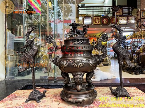 Bộ Ngũ Sự Đỉnh Sòi Cao 65cm Màu Hun Bằng Đồng Giả Cổ