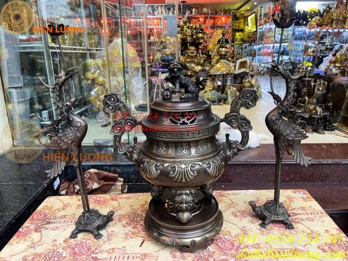 Bộ Ngũ Sự Đỉnh Sòi Cao 65cm Màu Hun Bằng Đồng Giả Cổ