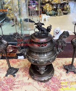 Bộ Ngũ Sự Đỉnh Sòi Cao 65cm Màu Hun Bằng Đồng Giả Cổ