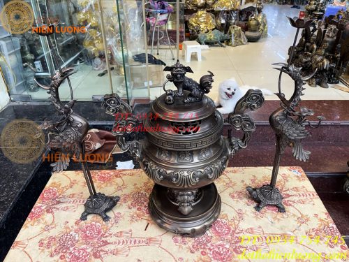 Bộ Ngũ Sự Đỉnh Sòi Cao 65cm Màu Hun Bằng Đồng Giả Cổ