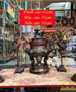 Bộ Ngũ Sự Đỉnh Sòi Cao 65cm Màu Hun Bằng Đồng Giả Cổ