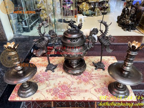 Bộ Ngũ Sự Đỉnh Sòi Cao 65cm Màu Hun Bằng Đồng Giả Cổ
