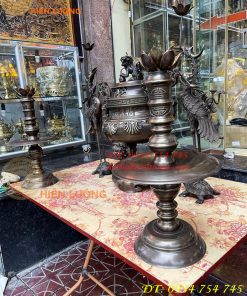 Bộ Ngũ Sự Đỉnh Sòi Cao 65cm Màu Hun Bằng Đồng Giả Cổ