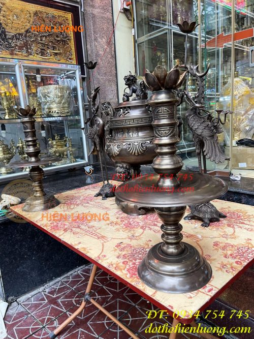Bộ Ngũ Sự Đỉnh Sòi Cao 65cm Màu Hun Bằng Đồng Giả Cổ