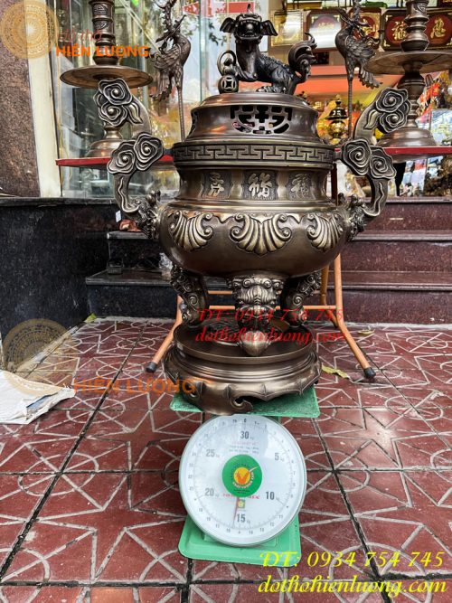 Bộ Ngũ Sự Đỉnh Sòi Cao 65cm Màu Hun Bằng Đồng Giả Cổ