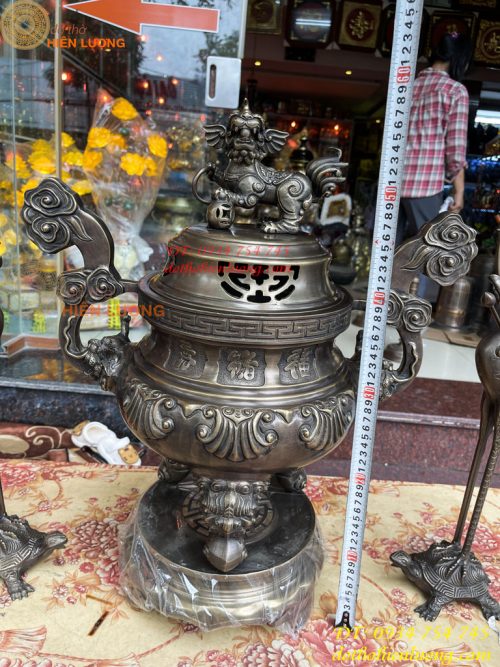 Bộ Ngũ Sự Đỉnh Sòi Cao 60cm Bằng Đồng Hun Giả Cổ