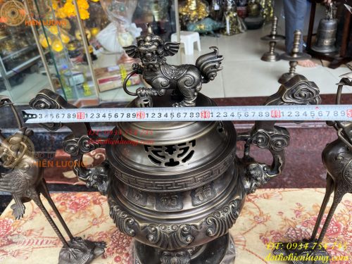 Bộ Ngũ Sự Đỉnh Sòi Cao 60cm Bằng Đồng Hun Giả Cổ