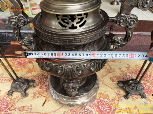Bộ Ngũ Sự Đỉnh Sòi Cao 60cm Bằng Đồng Hun Giả Cổ