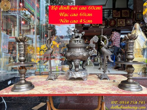 Bộ Ngũ Sự Đỉnh Sòi Cao 60cm Bằng Đồng Hun Giả Cổ