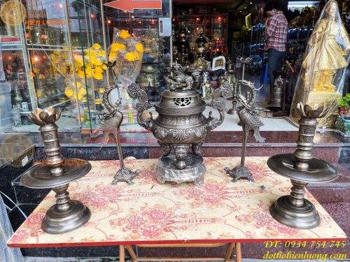 Bộ Ngũ Sự Đỉnh Sòi Cao 60cm Bằng Đồng Hun Giả Cổ