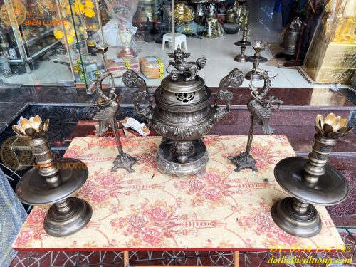 Bộ Ngũ Sự Đỉnh Sòi Cao 60cm Bằng Đồng Hun Giả Cổ